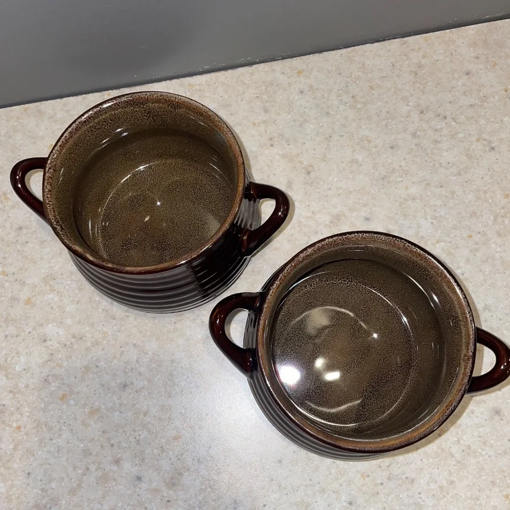 CRATE & BARREL Set of 2 Brunswick Stoneware Chili Soup Bowl Crock 2 Handles
